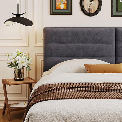 King Size Velvet Headboard Foldable Panels Backboard, Upholstered California King Head Board for Bedroom Adjustable Height from 42" to 56"-Grey