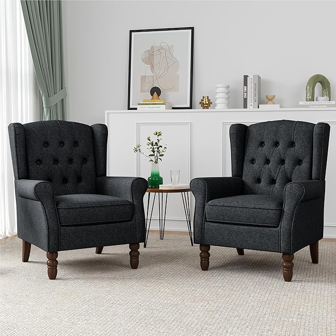 High Back Accent Chairs Set of 2, High Wingback Chair for Living Room, Button-Tufted Upholstered Fabric Armchair with Solid Wood Legs, Comfy Single Sofa Reading Chair for Bedroom, Dark Navy