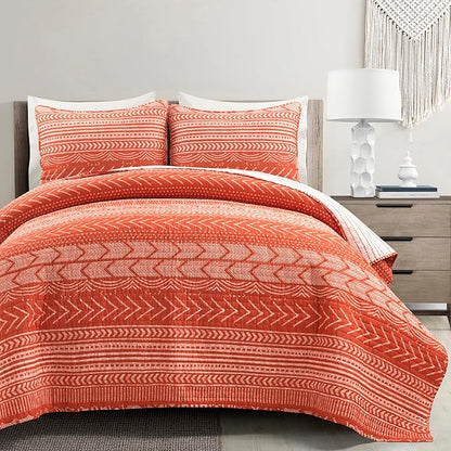 Lush Decor Hygge Geo Pattern Striped 3 Piece Quilt Bedding Set, King, Burnt Orange