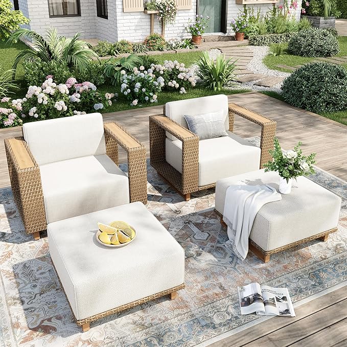 4 Pcs Outdoor Patio Furniture Set, Outdoor Wicker Modular Sofa Couch, 2 Rattan Armchairs, 2 Ottomans with 10" Extra Thick Cushions
