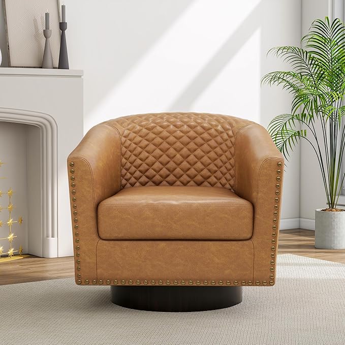 Pia Ricco Faux Leather Swivel Barrel Accent Chairs Set of 2, 360° Swivel Round Single Sofa Chair, Comfy Upholstered Club Armchair with Nailhead Trim for Living Room/Reading Room/Bedroom, Coffee