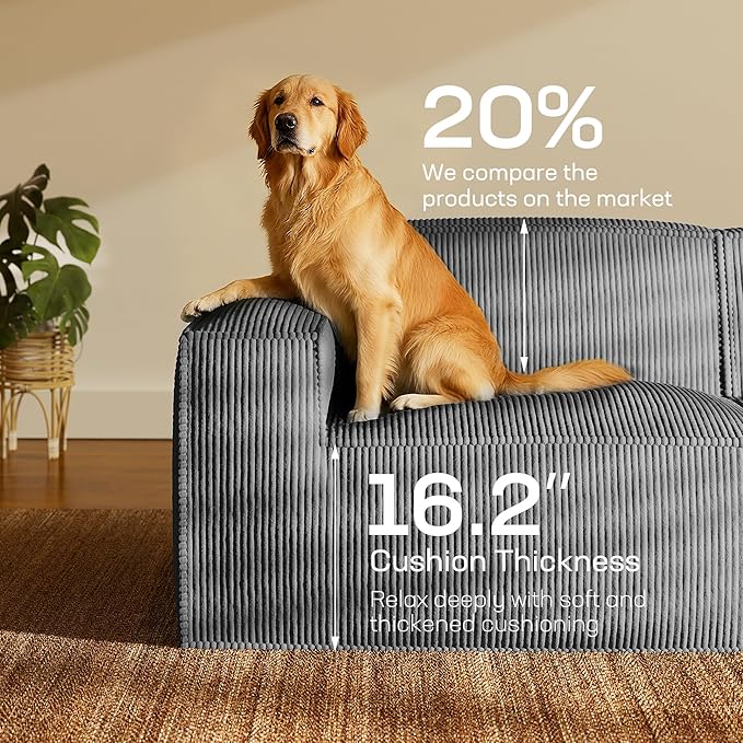 Marsail Modular Sectional Sofa, 111" L-Shaped Modular Sectional Couch with Deep Seat, Freely Combinable Sectional Clound Sofa for Living Room, No Assembly, Plush Corduroy Fabric, Grey