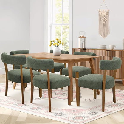 Modern Green Dining Chairs Set of 6, Walnut Upholstered Kitchen & Dining Room Chairs, Mid Century Modern Wooden Dining Chairs Oversized Sturdy Fabric Rounded Chairs Curved Back