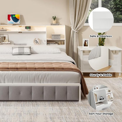 King Size Headboard Only for Bed, Wood Bookcase Headboard with Charging Station & 2 LED Lights, Modern King Bookshelf Headboard with Storage, Noise-Free, Sturdy and Durable, White