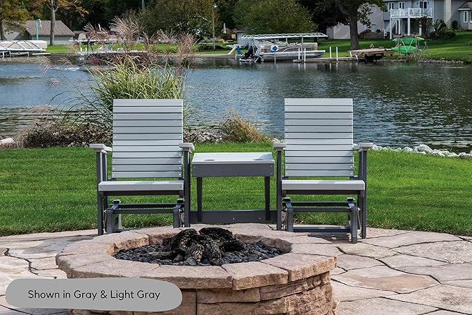 DutchCrafters Modern Horizontal Slat High Back Poly Double Glider Chairs with Center Table Outdoor Patio Furniture (Gray &Light Gray)