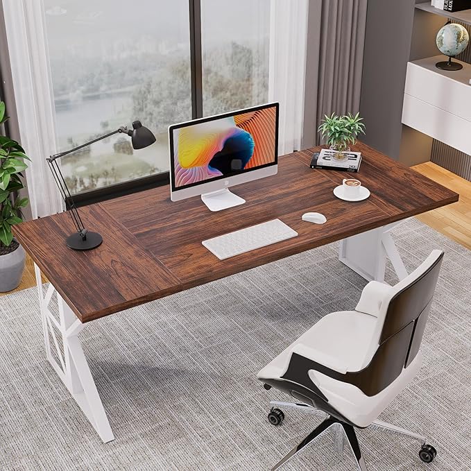 70.8" Large Home Office Compute Desk,Modern Heavy-Duty Excutive Office Desk,Workstation Write Table for Home Rustic Brown Table-top/White Metal Frame with Mirrors