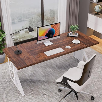 70.8" Large Home Office Compute Desk,Modern Heavy-Duty Excutive Office Desk,Workstation Write Table for Home Rustic Brown Table-top/White Metal Frame with Mirrors