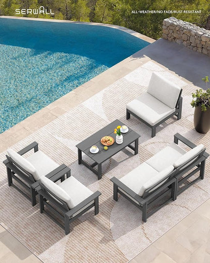 SERWALL HDPE Patio Conversation Set, 6-Piece Sectional Outdoor Furniture Set, All Weather Outdoor Couch Set Patio Furniture Set for Deck, Lawn, Grey Frame with Khaki Cushion