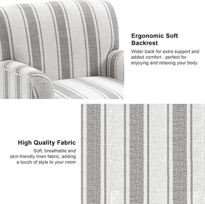 Accent Chair, Mid Century Modern Comfy Armchair for Living Room, Linen Fabric Single Sofa Lounge for Reading Bedroom Apartment Waiting Room with Wood Legs (Grey Stripe, Set of 1)