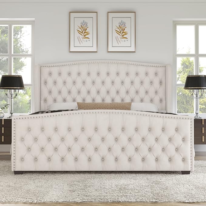 AMERLIFE Queen Size Platform Bed Frame, Velvet Upholstered Bed with Deep Button Tufted & Nailhead Trim Wingback Headboard/No Box Spring Needed/Cream