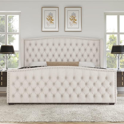 AMERLIFE King Size Platform Bed Frame, Velvet Upholstered Bed with Deep Button Tufted & Nailhead Trim Wingback Headboard/No Box Spring Required/Cream