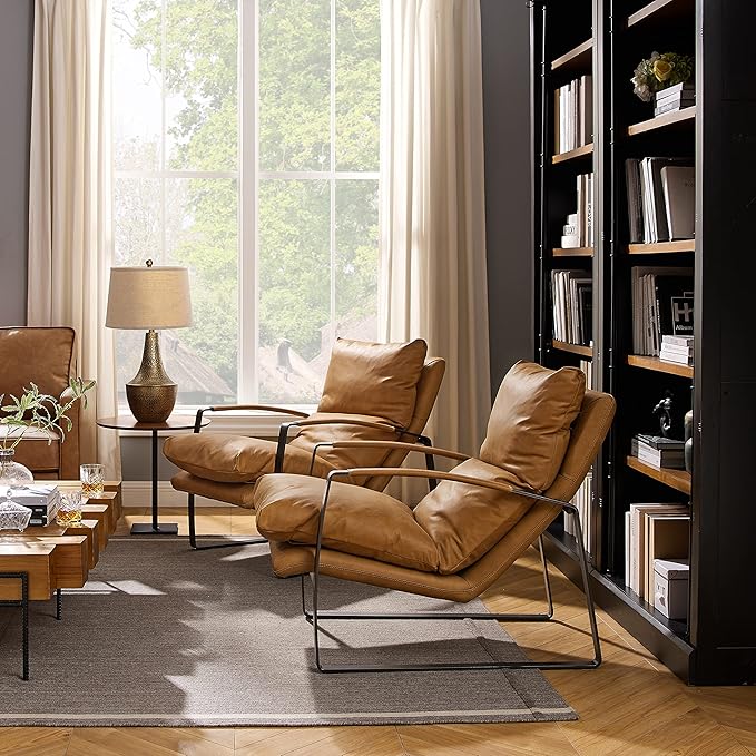Art Leon Set of 2 Genuine Leather Accent Chairs, Mid Century Modern Lounge Chair Living Room Sofa Chair with Black Metal Frame, Light Brown