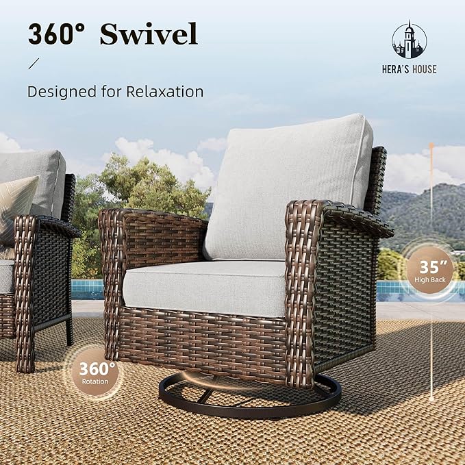 HERA'S HOUSE Patio Furniture Set with Swivel Chairs, High Back Wicker Couch with Ottomans, Outdoor Conversation Sofa Sets with 5.5" Waterproof Cushions for Garden Yard Porch, Grey