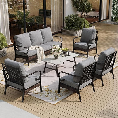 6 Piece Metal Outdoor Patio Furniture Sets, Patio Conversation Sets 1 3-Seater Sofa, 4 Single Sofa with 5.75" Extra Thick Cushion & Coffee Table, Black Frame Backyard Furniture, Gray