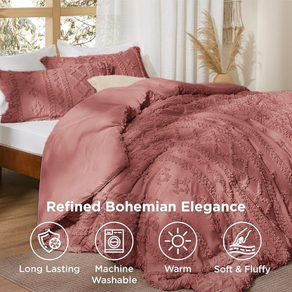 Bedsure Tufted Boho Comforter Set Queen Size - Grayish Pink Boho Bed Set, GentleSoft™ 3 Pieces Farmhouse Shabby Chic Embroidery Bedding, Gifts for Woman, Soft Jacquard Queen Comforter for All Seasons