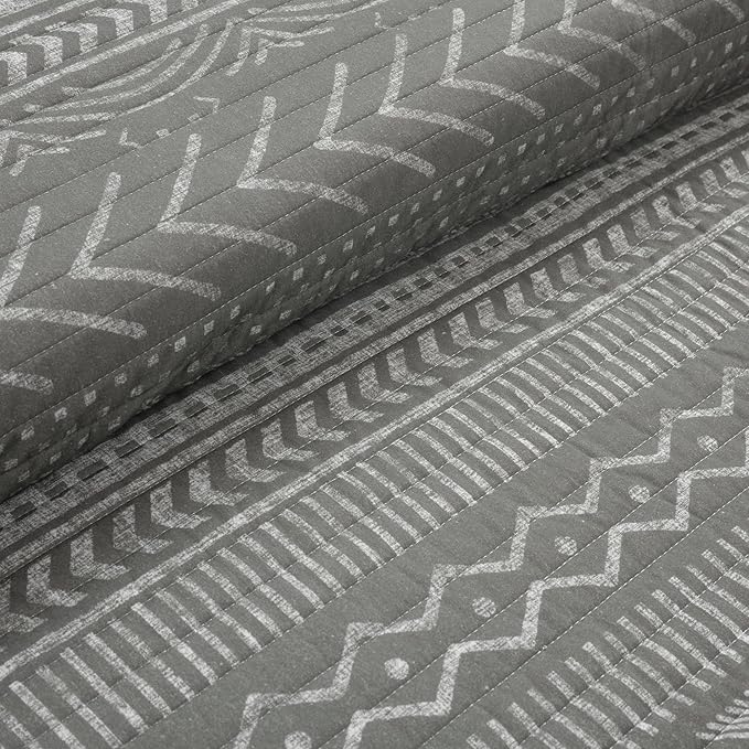 Lush Decor Hygge Geo Pattern Striped 3 Piece Quilt Bedding Set, Full/Queen, Charcoal