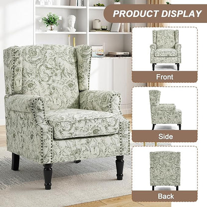 Pia Ricco Set of 2 Floral Accent Chairs, High Back Upholstered Armchairs with Retro Wingback Design, Nailhead Trim & Solid Wood Legs for Living Room Bedroom(Plants Green)