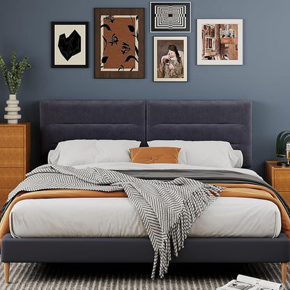 King Size Velvet Headboard Foldable Panels Backboard, Upholstered California King Head Board for Bedroom Adjustable Height from 42" to 56"-Grey