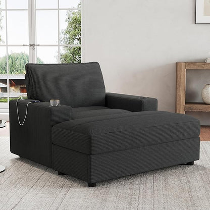 Christopher Knight Home Zoe Oversized Chaise Lounge Chair Indoor with Cup Holders & USB Charging Port, Corduroy Upholstered Sofa Bed + Ottoman with Storage, Comfy Deep Seat Sleeper Sofa Chair, Grey