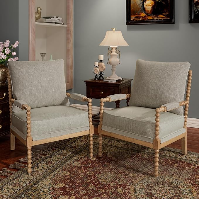 Morden Fort Linen Fabric Spindle Accent Chairs Set of 2, French Style Chairs with High Resilience Spring Cushion and Armrest Pads, Leisure Armchair for Living Room Bedroom Farmhouse Office Balcony