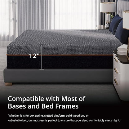 EGOHOME 12 Inch Cal King Memory Foam Mattress for Back Pain, Cooling Copper Gel Bed in a Box, Foam Made in USA, CertiPUR-US Certified, Therapeutic Medium Firm, 72x84x12 Black