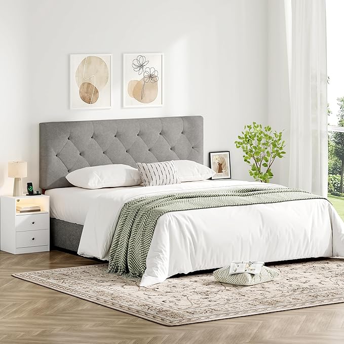 Upholstered Full Size Headboard Only for Bed Frame from 42”-55”, Adjustable Height Full Headboards with Durable Wood Leg, Fabric Bed Board in Modern Button Design, Light Grey