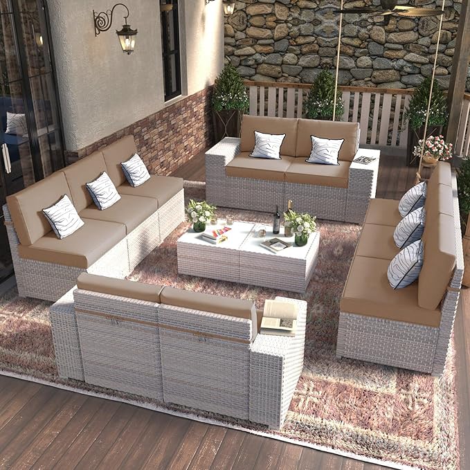 12-Piece Patio Furniture Set, Outdoor Extra Wide Armrest Modular Patio Sofa, Dual-Strand Rattan Wicker, Rust-Resistant Frame, Backyard High Back, Large Seat Furniture for Porch Garden Balcony, Khaki