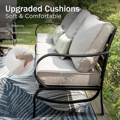 PHI VILLA 8 PCS Patio Furniture Set with 1 x 45 FirePit Table, 1 x 72 Sofa Bench, 4 x Armrest Sofa Chairs and 2 x Metal Cushioned Ottoman