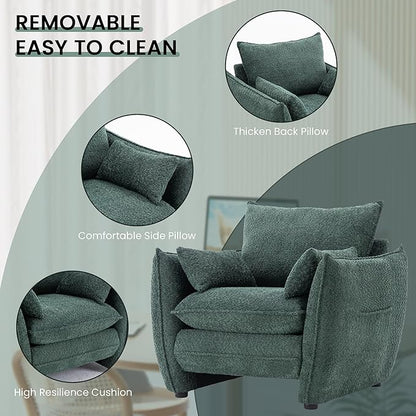 Chenille Oversized Accent Chairs Set of 2, Modern Oversized Armchair with Removable Pillow, Comfy Living Room Chair with Side Pocket Storage for Bedroom, Office, Green