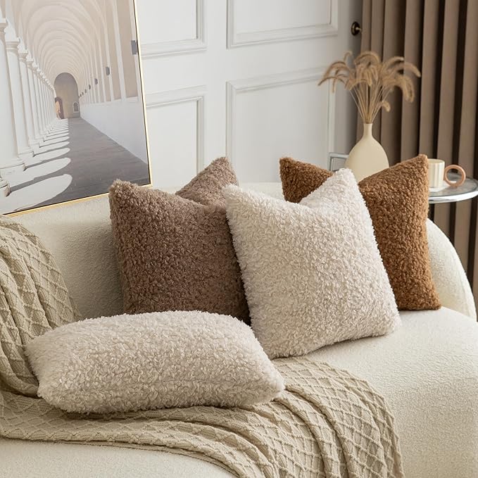 Pack of 2 Curly Teddy Wool Faux Fur Throw Pillow Covers Fuzzy Accent Soft Sherpa Pillowcases Sheepskin Fleece Decorative Cushion Case for Sofa Couch Living Room 26x26 Inch Neutral Light Beige