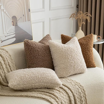 Pack of 2 Curly Teddy Wool Faux Fur Throw Pillow Covers Fuzzy Accent Soft Sherpa Pillowcases Sheepskin Fleece Decorative Cushion Case for Sofa Couch Living Room 16x16 Inch Neutral Light Beige