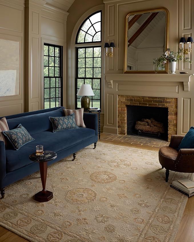 Loloi Chris Loves Julia Dorothea Collection DRT-03 Dove/Natural 3'-6" x 5'-6" Accent Rug Wool Neutral Floral Living Room Bedroom Carpet