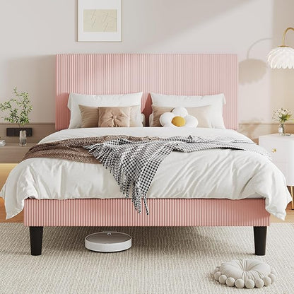 Allewie Full Size Upholstered Bed Frame with Vertical Channel Tufted Headboard, Soft Corduroy Fabric Platform Bed, Strong Wooden Slats Support, Easy Assembly, No Box Spring Needed, Light Pink