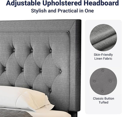 Allewie King Size Upholstered Platform Bed Frame with Adjustable Headboard, Button Tufted, Wood Slat Support, Easy Assembly, Light Gray