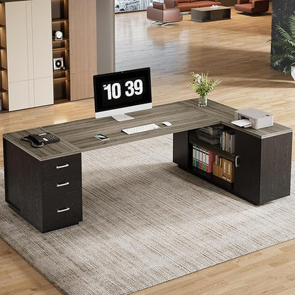 Tribesigns 85.8-Inch L-Shaped Executive Desk with File Drawers, Door Cabinet & Shelves, Extra Large Commercial Office Desk, Modern Professional Office Table Business Furniture, Grey & Black