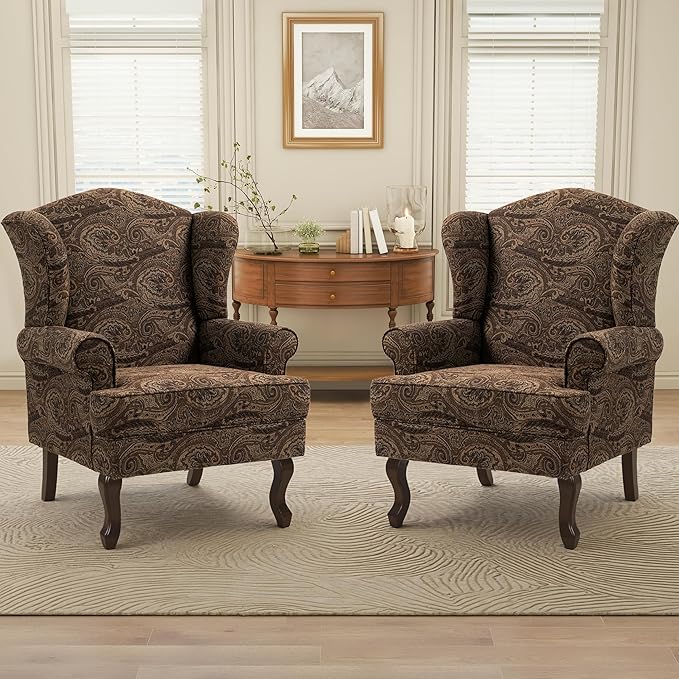 Pia Ricco Set of 2 High Back Accent Chairs: Upholstered Fabric Armchairs with Solid Wood Legs - Retro Living Room Pair, Comfy Reading Sofa Seats-Cranberry