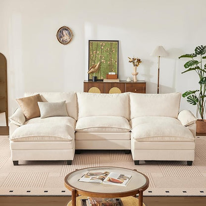114 Inch Cloud Couch Sectionals with Ottoman, Big Comfy Modular Couches, Cloud Sofas, L Shaped 5 Seat Modular Sectional Sofa, Modern Sectional Couches for Living Room, Deep Seat Sofa, Beige