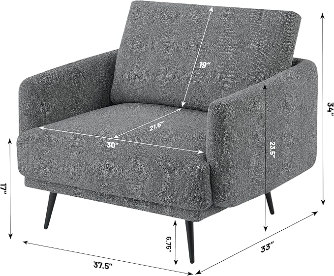 Mid-Century Accent Chair,Modern Oversized Armchair for Living Room,Comfy Upholstered Reading Accent Chairs for Bedroom,Single Sofa Chair (Dark Grey-1PACK)