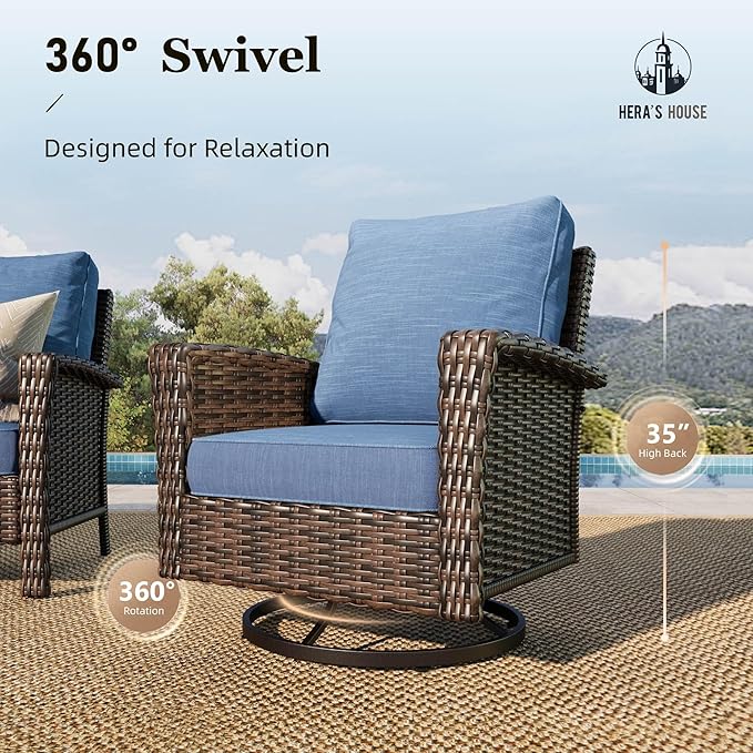 HERA'S HOUSE High Back Patio Furniture Set with Swivel Chairs, All Weather Outdoor Wicker Sofa Set, 6 Pieces Patio Conversation Sets with 5.5" Comfy Cushions for Lawn Deck Backyard, Navy Blue