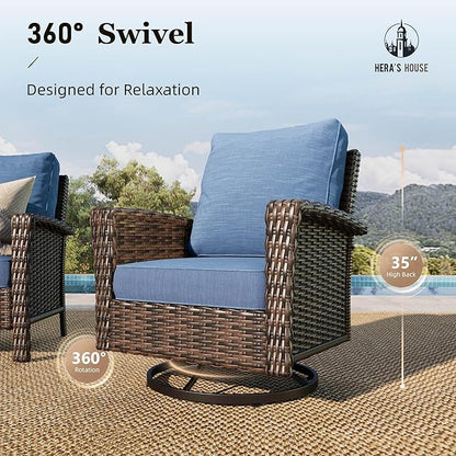 HERA'S HOUSE Outdoor Furniture with High Back Swivel Chairs, 4-Piece Patio Conversation Sets with 5.5" Thick Cushion, Deep Seating Wicker Rattan Sofa Set for Deck Lawn Deck Yard, Blue