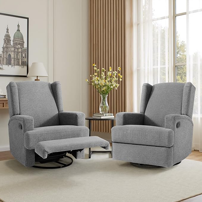 Swivel Glider Recliner Chairs Set of 2 for Adults - High Back Rocker Recliners with Deep Seat, Comfortable & Quiet Upholstered Fabric Armchairs for Living Room or Nursery, Manual Reclining-Light Gray