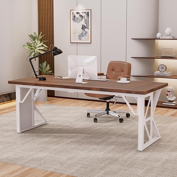 70.8" Large Home Office Compute Desk,Modern Heavy-Duty Excutive Office Desk,Workstation Write Table for Home Rustic Brown Table-top/White Metal Frame with Mirrors