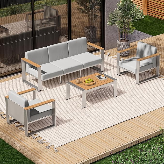 Aluminum Patio Furniture Set, 5 Seats Outdoor Patio Conversation Sets with Ergonomic Seat and Wide Washable Thick Cushions, Modern Outdoor Sectional Furniture for Balcony, Porch (Teak-Gray)