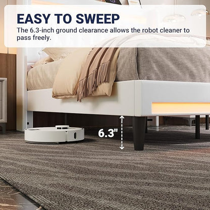 Allewie Upholstered King Size Platform Bed Frame with LED Light and Charging Station, Button Tufted High Headboard, Wingback Design, Noise Free, Easy Assembly, No Box Spring Needed, White
