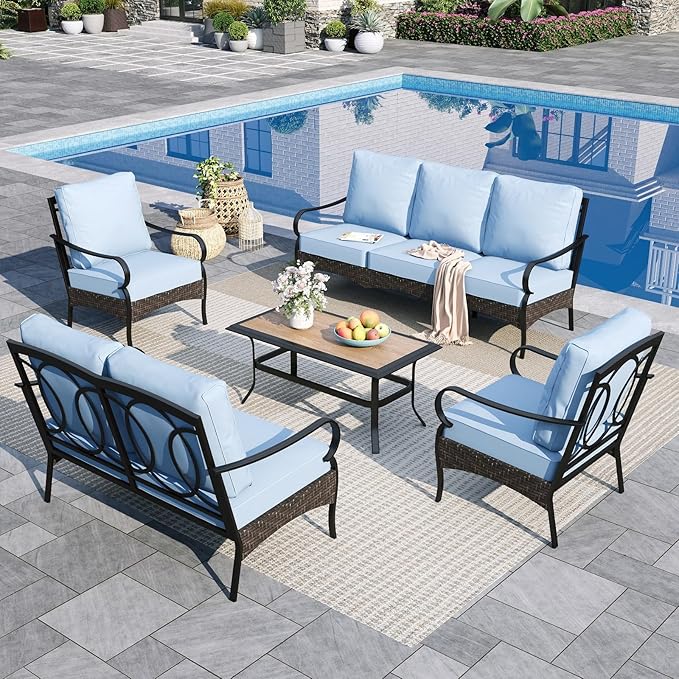 Sophia & William Patio Furniture Set, 5 Piece Metal Outdoor Conversation Set with 3-Seater Outdoor Couch, 2 Sofa Chairs, 1 Loveseat,1 Coffee Table for Outdoor Seating, Backyard, Porch(Blue)