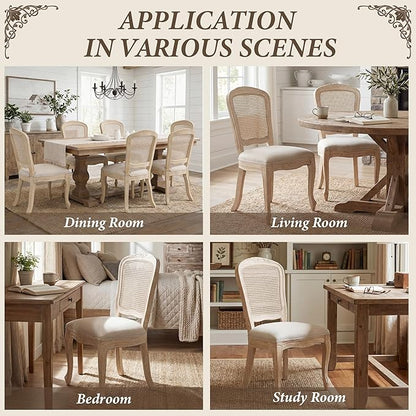 Wicker Dining Chairs Set of 2, Upholstered Linen Fabric Dining Room Chairs with Square High Rattan Back Farmhouse French Kitchen Chairs for Dining Table/Living Room/Restaurant, White