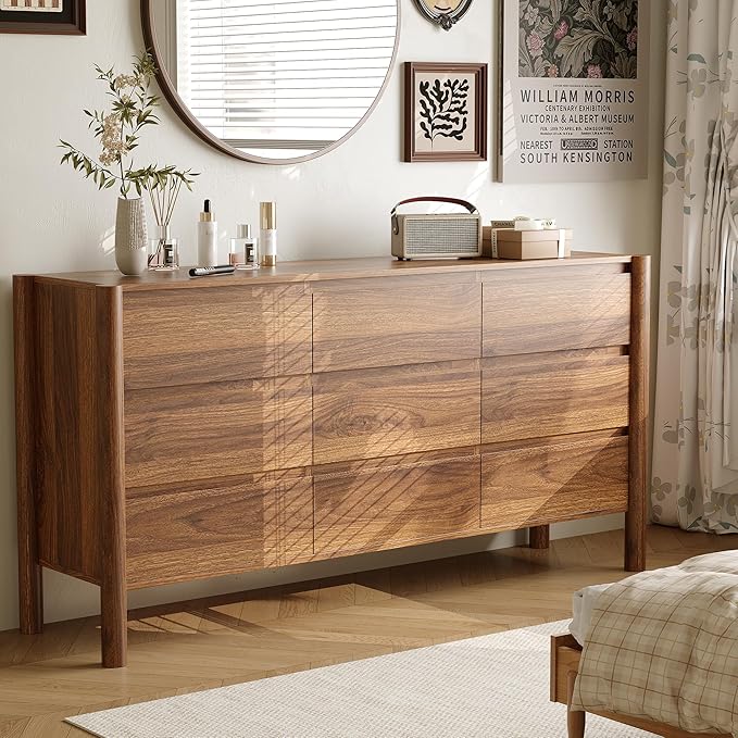 Dresser for Bedroom with 9 Drawers,63" Wide Walnut Dresser with 4 Solid Wood Legs, Wooden TV Stand,Closet Clothes Organizer for Bedroom, Hallway