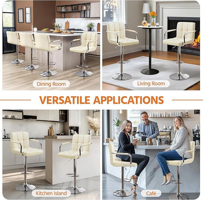 Yaheetech Bart Stools Set of 4, PU Leather Adjustable Barstools with Armrest, Counter Height Stool Chairs with Thickened Seat Cushion for Kitchen Island, Beige