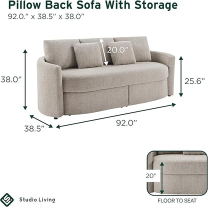 Studio Living® Beckett 92" Storage Sofa, Modern Farmhouse, Pocket Coil Comfort, Easy Assembly, Chenille Fabric, Taupe