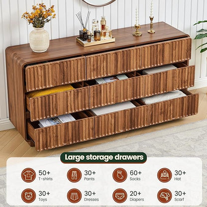 Fluted 9 Drawer Dresser for Bedroom, 60" Wide Modern Chest of Storage Drawers, Wood Dresser & Chest of Drawers with Curved Corners, Dressers TV Stand for Living Room (60" Walnut 9 Drawer)